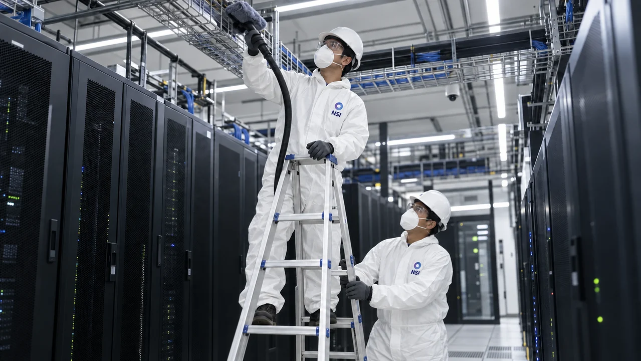 Limpieza técnica de centro de datos con cascos blancos y distintivos NSI en el pecho