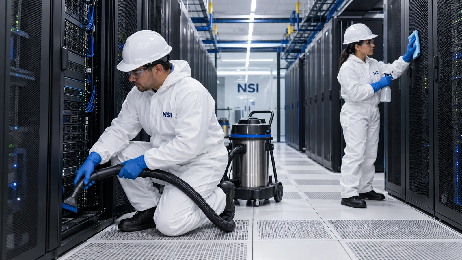 Especialistas NSI realizando limpieza técnica de una sala de servidores