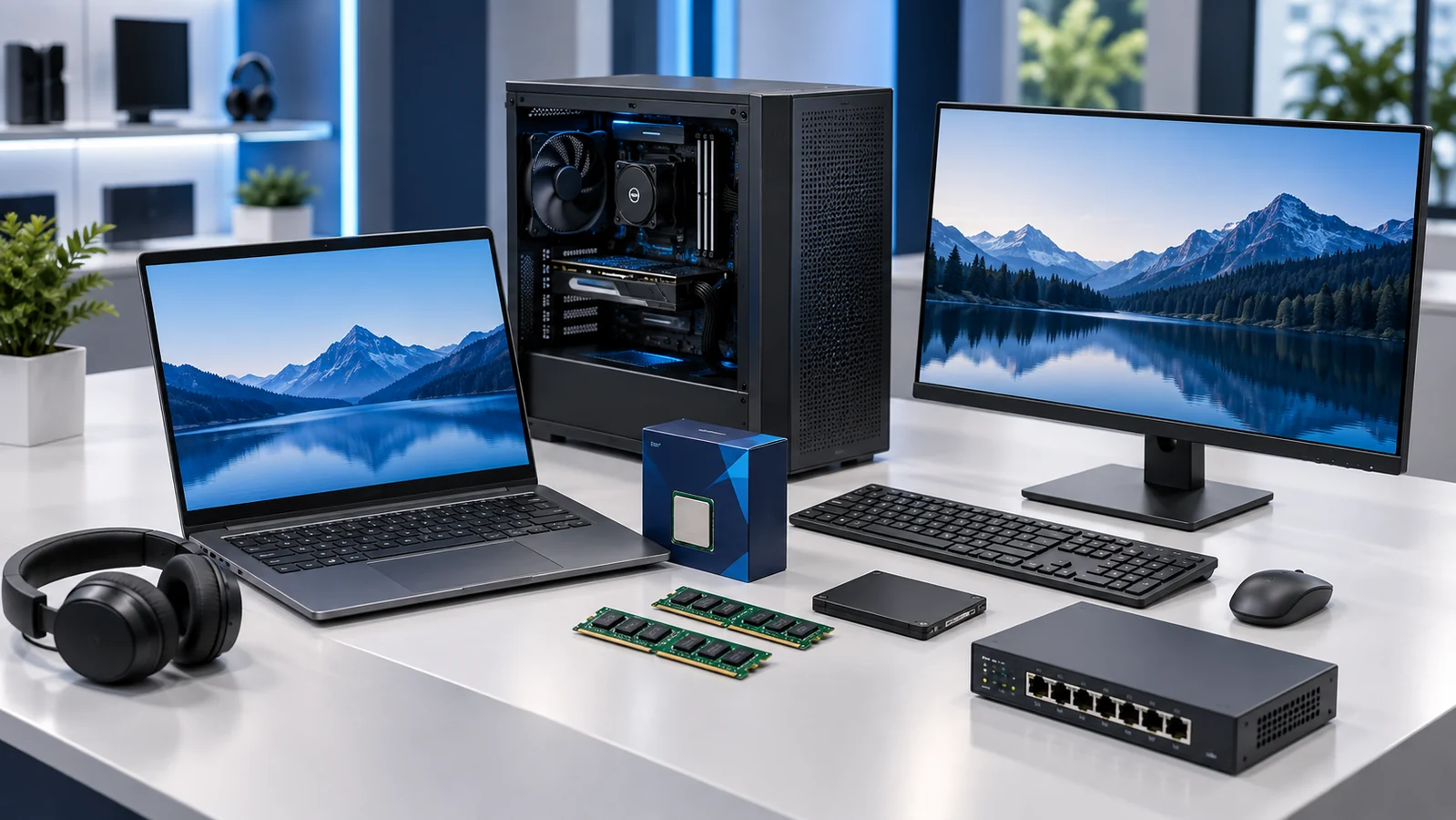 Exhibición de laptops, computadoras, monitores, componentes y equipos de conectividad